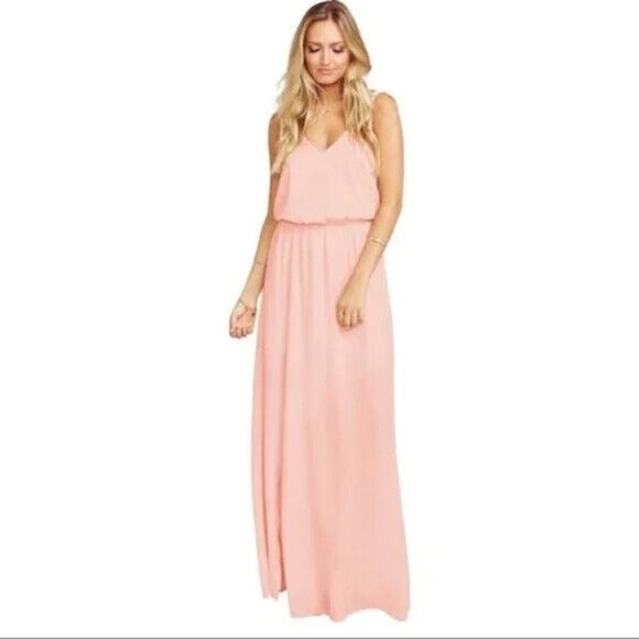Show Me Your Mumu Kendall Maxi Dress V Neck Slit Blouson Frosty Pink L - Picture 1 of 6
